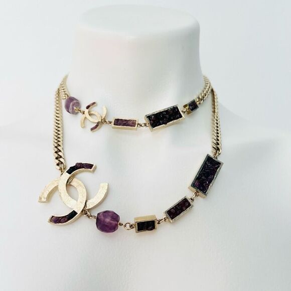 Chanel Y2K Gold Metal and Amethyst Curb Link Necklace Authentic - Picture 1 of 16